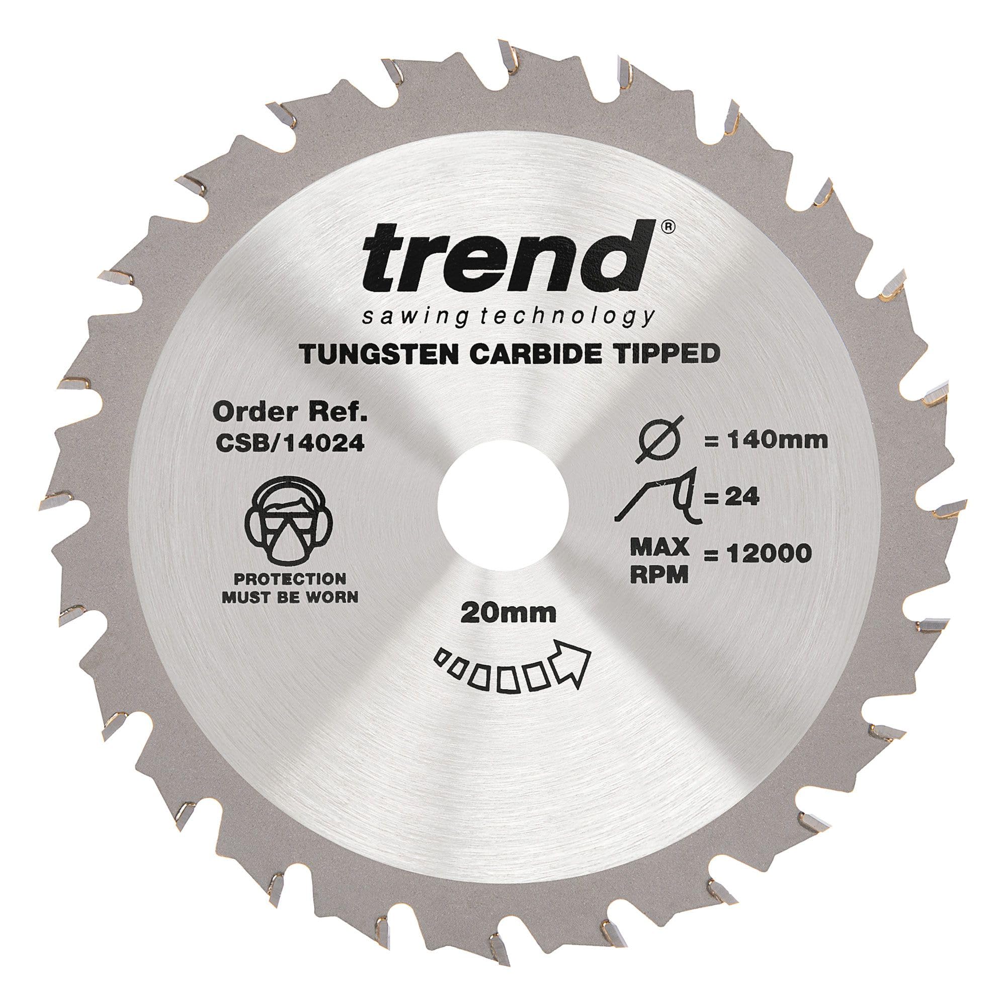 Trend Wood Circular Saw Blade, 140mm Diameter, 20mm Bore, 24 Teeth, 2.4mm Kerf, +15° Hook, TCT, Medium Finish, CSB/14024