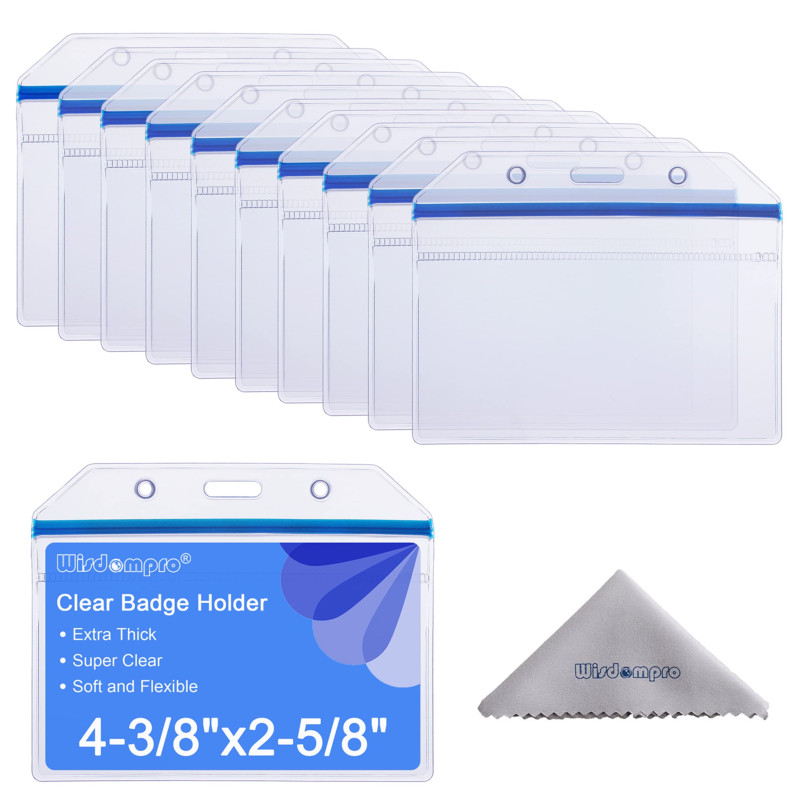 Wisdompro ID Card Holder, 10 Pack Clear Extra Thick Heavy Duty Vinyl Plastic Badge Holder with Ziplock for Multiple Cards - Blue Zip (Horizontal)