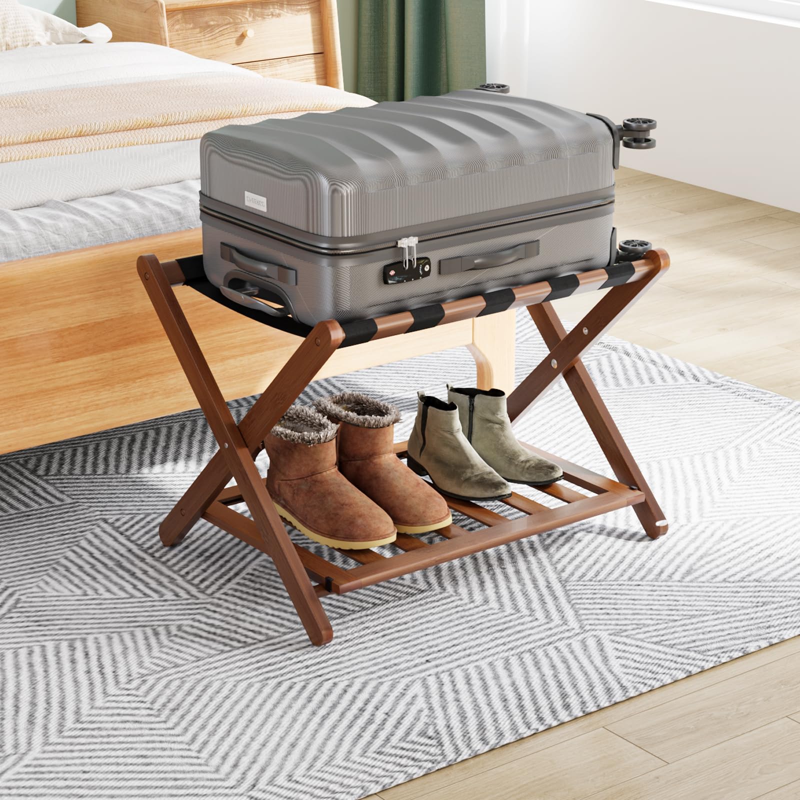 Smuxee Fully Assembled Walnut Luggage Rack Upgraded Bamboo Foldable Smuxee Fully Assembled Walnut Luggage Rack Upgraded Bamboo Foldable