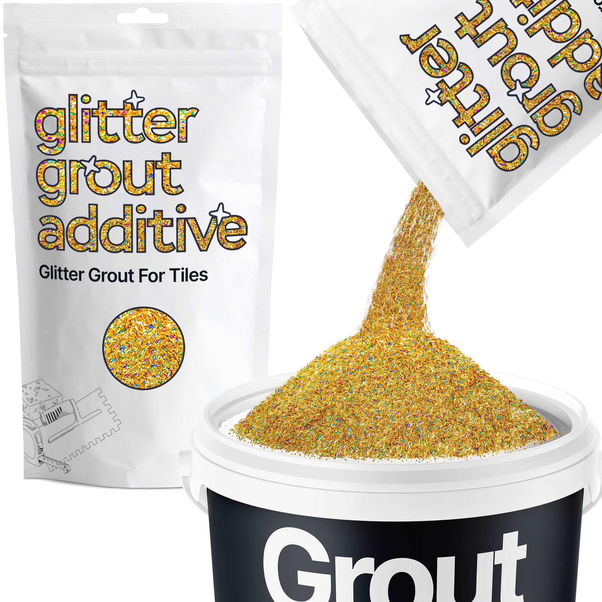 Hemway Gold Holographic Fibre Strands Glitter Grout Additive 100g Metallic Flakes for Adding Sparkle to Kitchen & Bathroom Tiles | Enhance Your Indoor Grouting Projects with a Durable Sparkly Effect