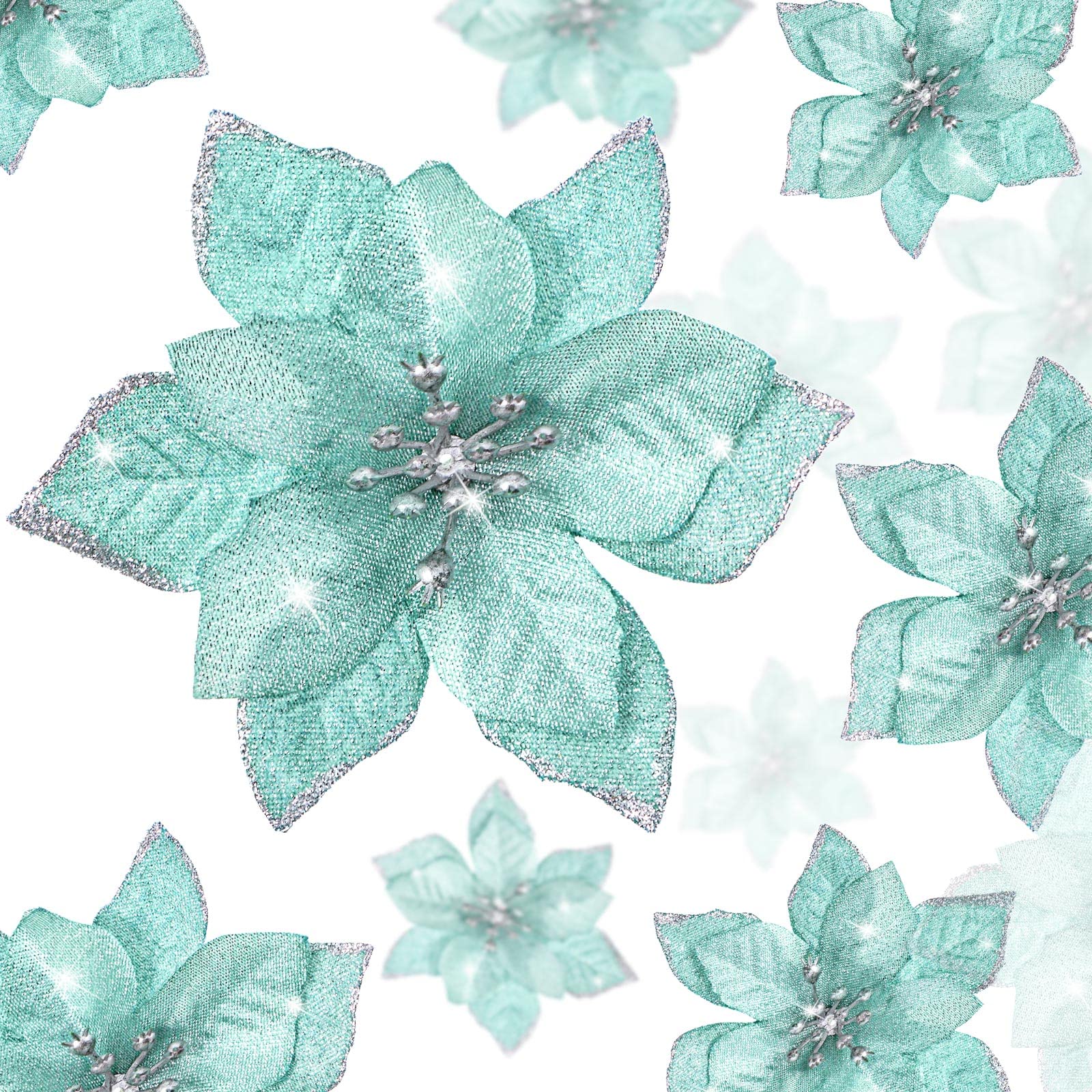 36 Pieces 3 Size Christmas Poinsettia Christmas Tree Flowers Glitter Faux Flowers Decoration Artificial Poinsettia Ornaments For Christmas New Year Home Outdoor Decoration (Blue-Green, 3/4/ 6 inch)