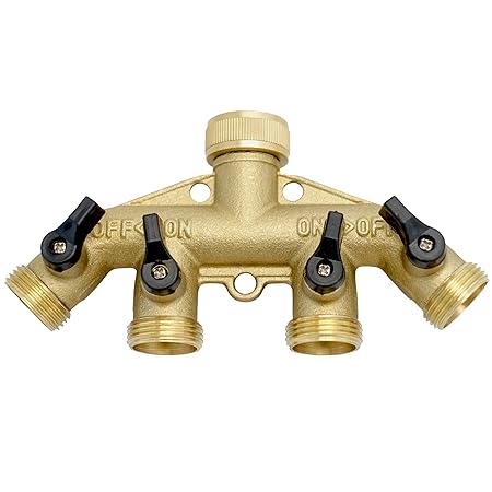 4 Wege Verteiler 3/4 Zoll mit Absperrhähnen für 4 Zulaufschläuche. 4-Fach Gartenschlauch Anschluss Bewässerung Ventile Wasser