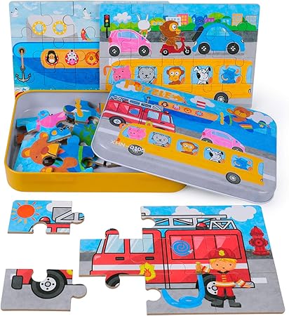 Amazon Rolimate 4 In 1パズル 子供用 56ピースパズル3 4 5歳の男の子と女の子の消防車飛行機のクルーズカー幼児向けパズル 金属製の箱付き 輸送 ジグソーパズル おもちゃ