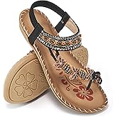 Ablanczoom Summer Flat Sandals for Women: Casual Walking Sandals Comfortable Bohemian Beaded Ankle Elastic Slip-On Beach Shoes