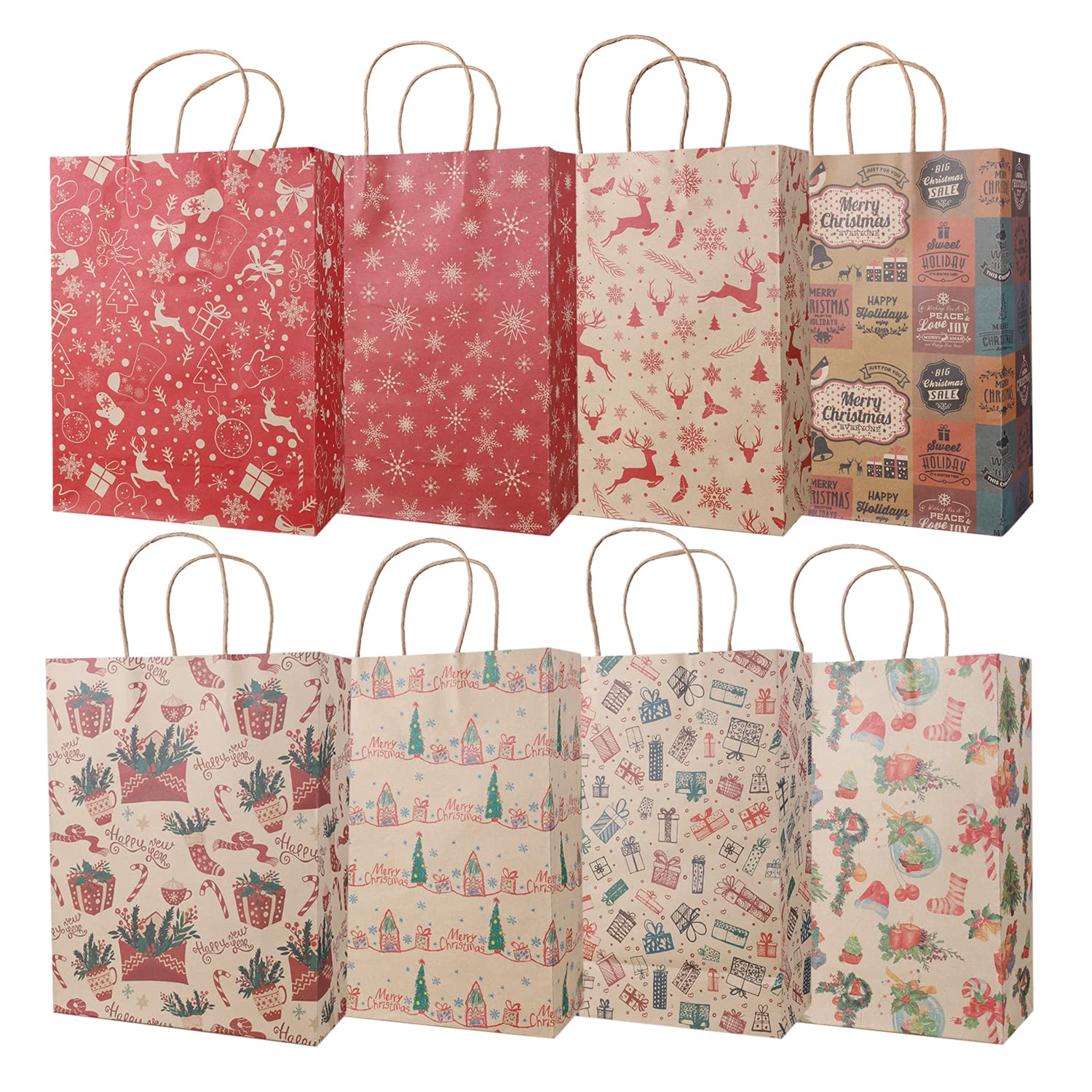 HBell 16pcs Christmas Kraft Gift Bags 8 Patterns Christmas Paper Bags with Handles,Moose Snowflake Snowman Xmas Tree Design Gift Wrapping Bag,for Xmas Gift Packing,Festival Party Supplies