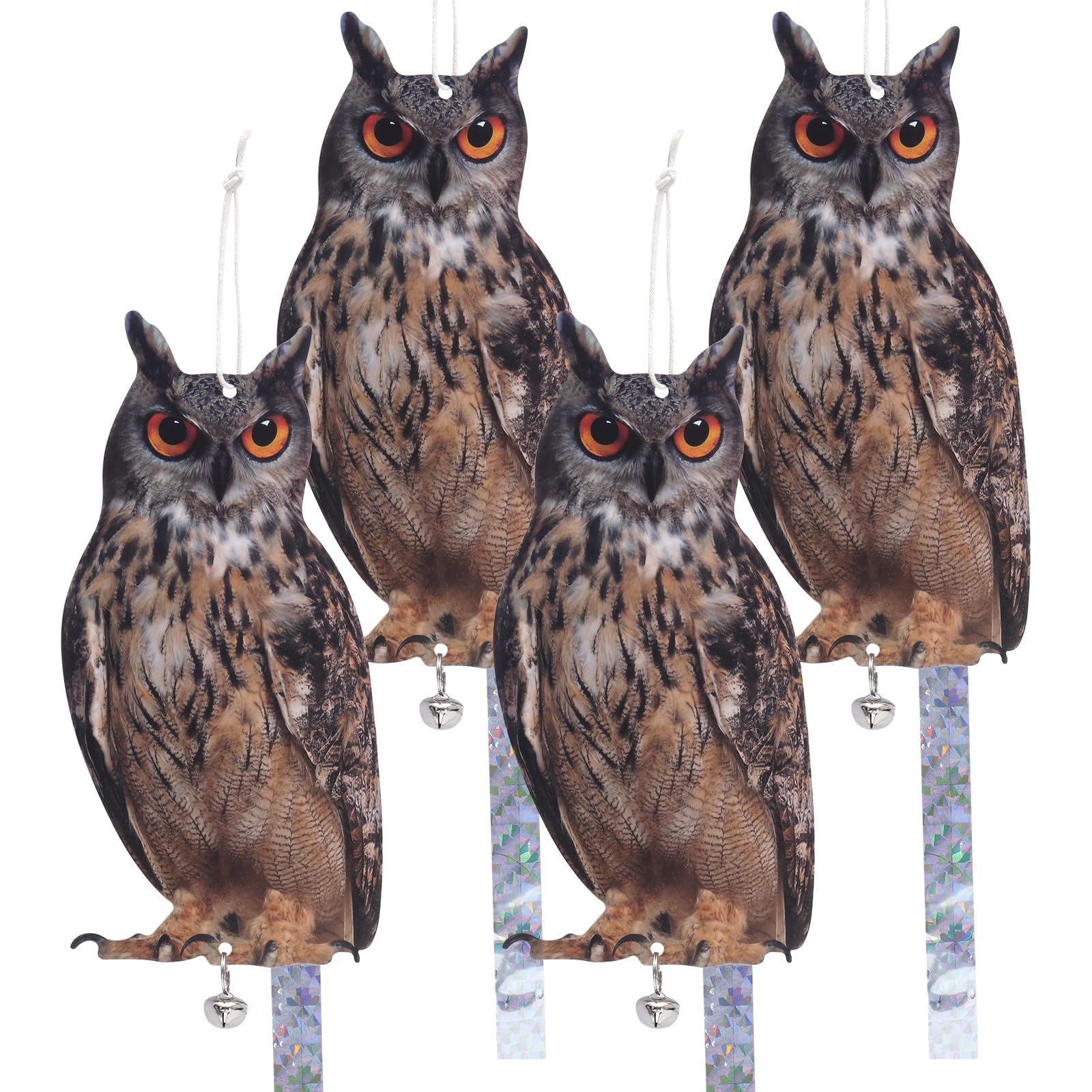 Kungfu Mall Owl to Keep Birds Away, 4PCS Reflective Bird Scarer Devices Reflective Owl Hanging Decoration Dual-Side Printed Raster Fake Eagle for Garden Patio Windows Farm