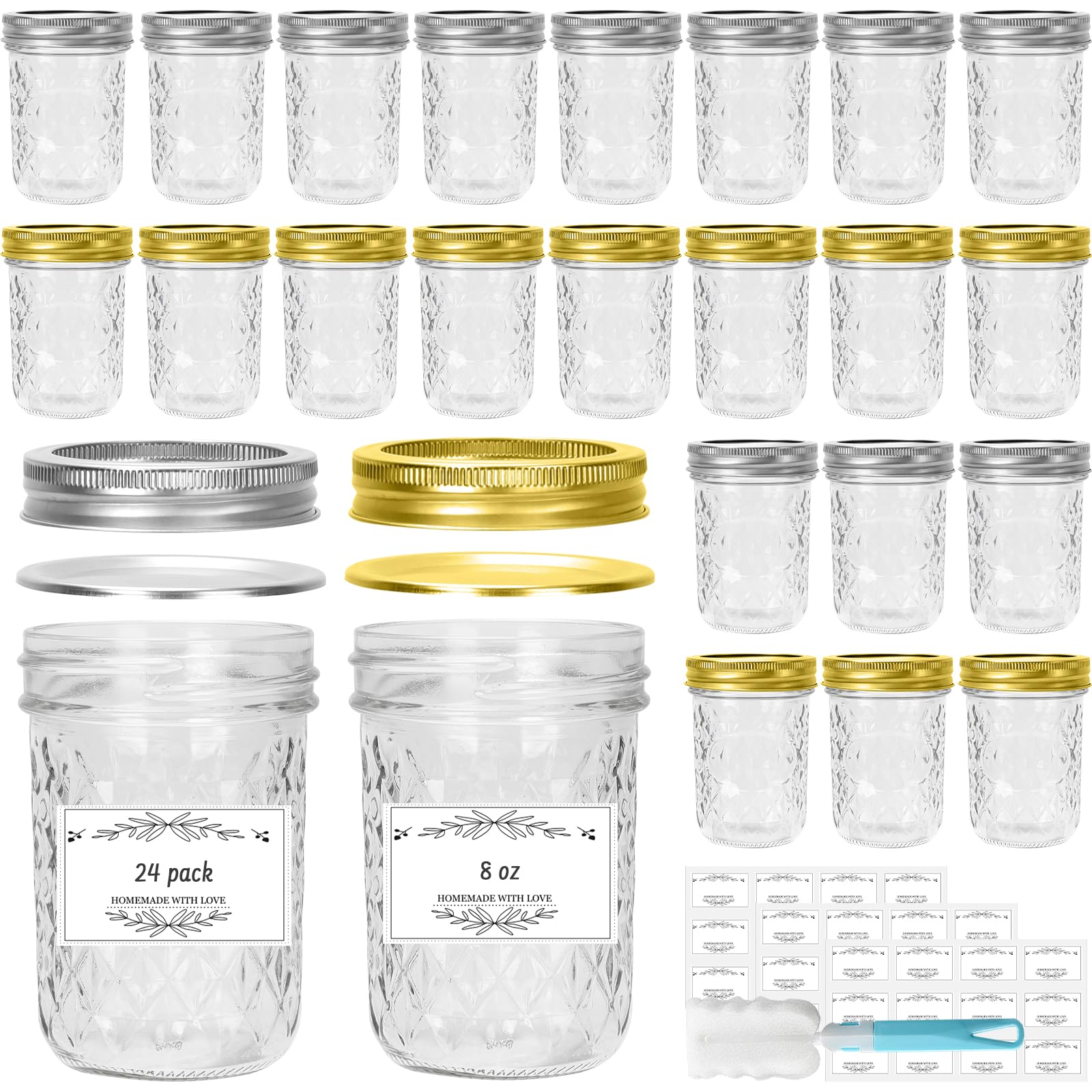 Photo 1 of Waymind 8 oz Glass Mason Jars, 24 Pack Regular Mouth Glass Canning Jars with Silver and Gold Aluminum Lids and Bands, Airtight Jam Jars for Food Storage, Pickling, Fermenting, Honey, DIY Candles Decor