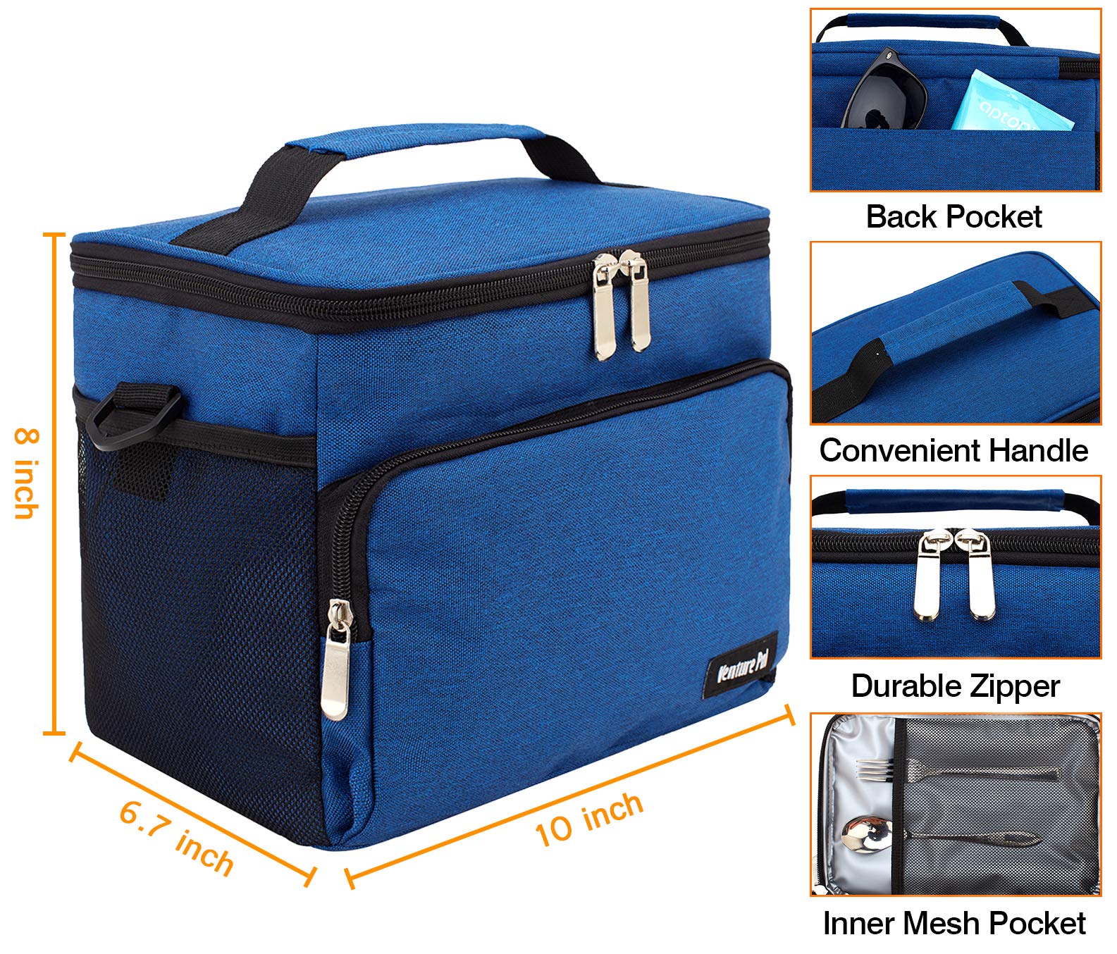 Insulated Cooler Lunch Bag Leak Proof Reusable - Office Work Picnic Hiking Beach Lunch Box Organizer with Adjustable Shoulder Strap for Men Women VP036-Blue
