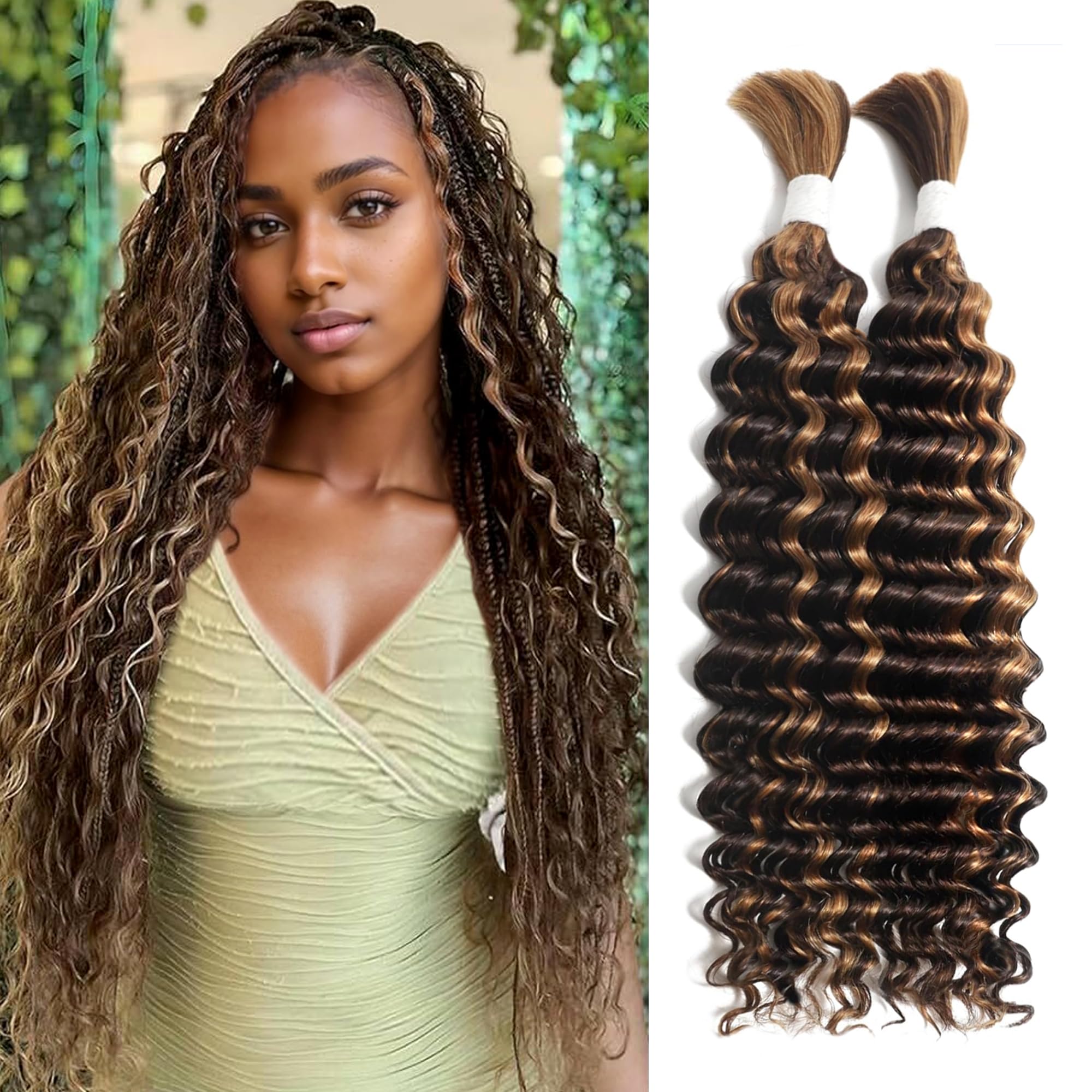 Deep Wave Brazilian Curly Human Hair 10A - 2 Bundles No Weft Micro Braiding Hair for Boho Braids - Virgin Hair Extension (P4-30#, 100g, 24")