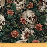 Feelyou Sugar Skull Fabric By The Yard Kids Decorative Soft | Gothic Skeleton Floral Tropical Leaves Botanical Leaf Pattern Flannel for Chairs Red 1 Yard Kids