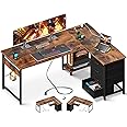 AODK L Shaped Desk with 4 Tier Drawers, 53" Reversible Gaming Desk with Power Outlets, L Shaped Computer Desk with USB Charging Port and Host Stand, Home Office Corner Desk, Easy to Assemble, Vintage