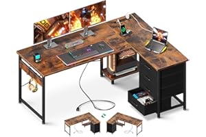 AODK L Shaped Desk with 4 Tier Drawers, 53" Reversible Gaming Desk with Power Outlets, L Shaped Computer Desk with USB Charging Port and Host Stand, Home Office Corner Desk, Easy to Assemble, Vintage