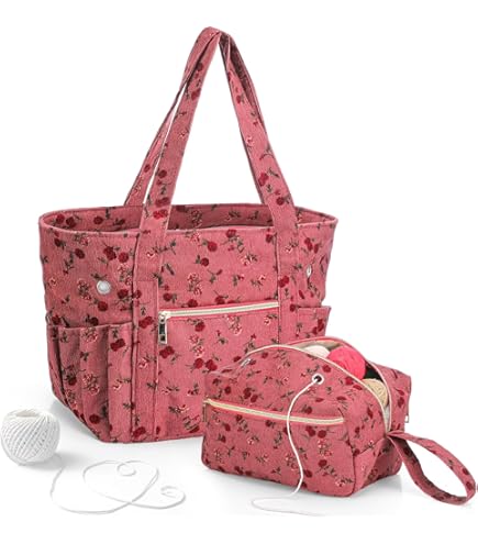 CRAFTISS Crochet Bag Yarn Storage Organizer | Durable Corduroy Tote With Hook Case For Knitting Accessories