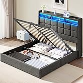 Driftalia Lift Up Queen Bed Frame with Storage, Upholstered Bed Frame Queen Size with LED Lights Headboard and Charging Station, No Box Spring Needed, Easy Assembly - Dark Grey