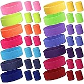 42 Pcs Neon Headbands Sweatband Set Include 14 Sports Headbands and 28 Sweat Wristbands Bulk for Tennis Basketball Outdoor Athletic Men Women(Multi Colors)