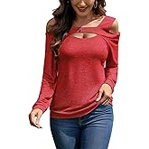 NILOINE Womens Cold Shoulder Tops V Neck Long Sleeve T-Shirts Off Shoulder Tunic Top Basic Tees Casual Blouse