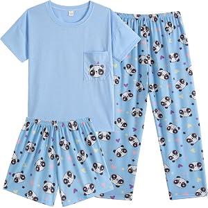 Vopmocld Big Girls 3pcs Pajama Sets Cute Pocket Patterns Pullover Sleepwear | Cotton Blend 65% Cotton 35% Polyester, All Seas