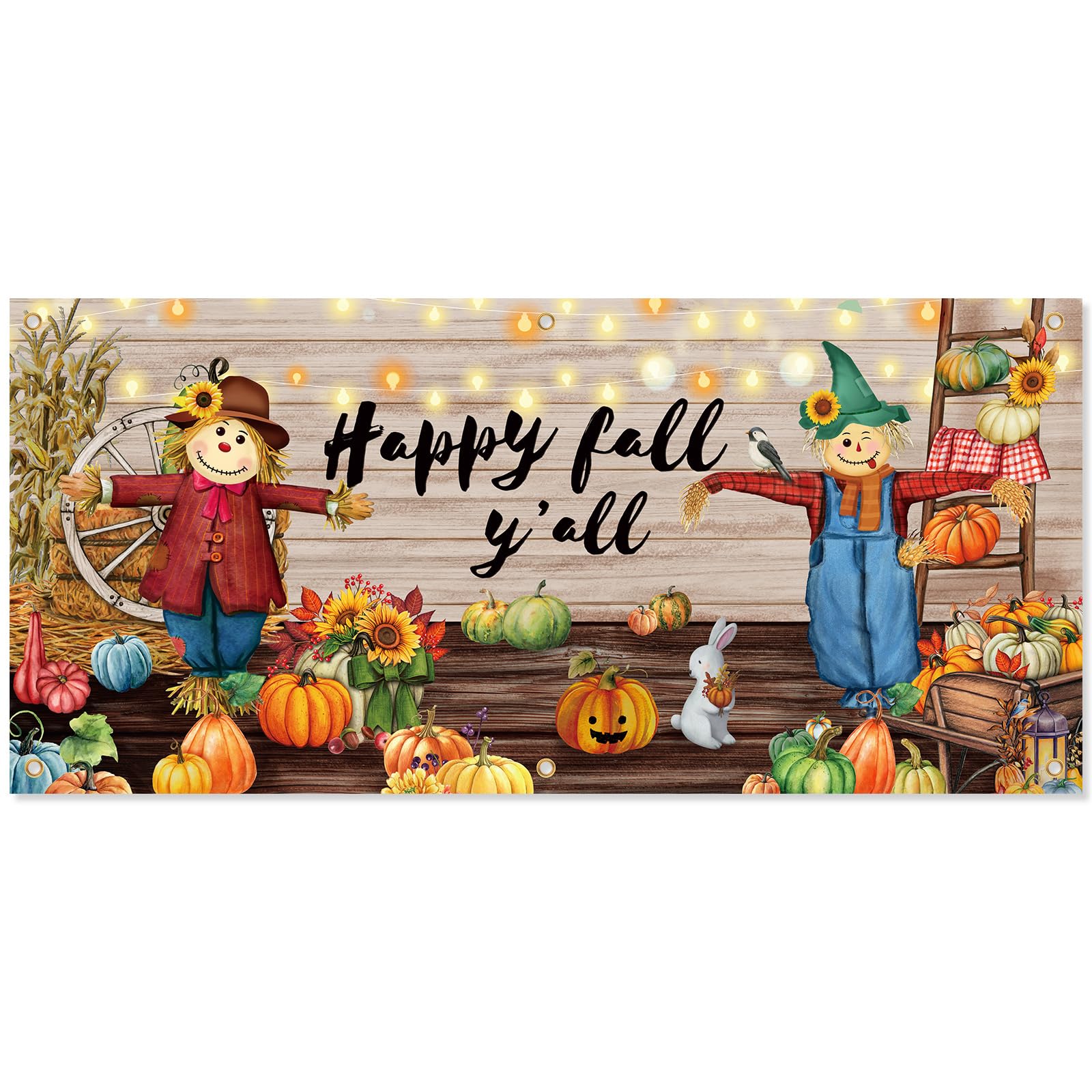 Photo 1 of 13 x 6ft Thanksgiving Garage Door Decorations Banner Extra Large Happy Fall Garage Door Cover Autumn Decorations with White Rope Autumn Pumpkin Scarecrow Wall Banner Hanging for Thanksgiving Party