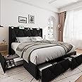 iPormis Queen Bed Frame with 4 Storage Drawers, Upholstered Platform Bed Frame with Charging Station, Modern Wingback Storage Headboard, Easy Assembly, Black