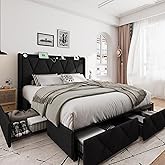 iPormis Queen Bed Frame with 4 Storage Drawers, Upholstered Platform Bed Frame with Charging Station, Modern Wingback Storage Headboard, Easy Assembly, Black
