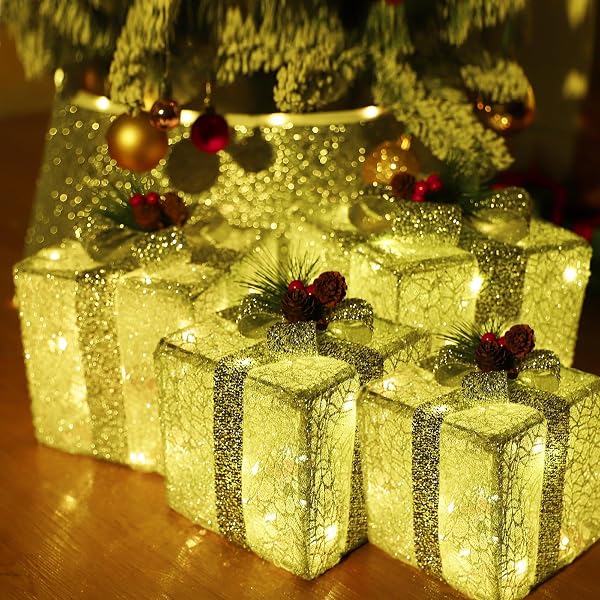 ATTGREAT CHRISTMAS LIGHTED GIFT BOXES, 100 LED LARGE SILVER PRESENTS GIFT BOX UNDER THE XMAS TREE FOR INDOOR OUTDOOR DECORATIONS（SET OF 4）