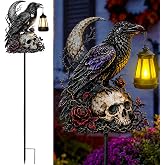 WNXURT Halloween Garden Decorations Outdoor, Crow Skull Solar Garden Stake with Lantern Light, Gothic Halloween Yard Decor for Lawn, Pathway, Flower Bed and Front Porch