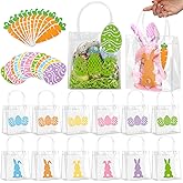 Sweetude Easter Clear Gift Bags with Handles Carrot Egg Tags and Raffia Paper Shreds Bunny PVC Bags Treat Tote Gift Goodie Candy Party Favors Supplies, 5.9 x 2.8 x 6.3 Inch