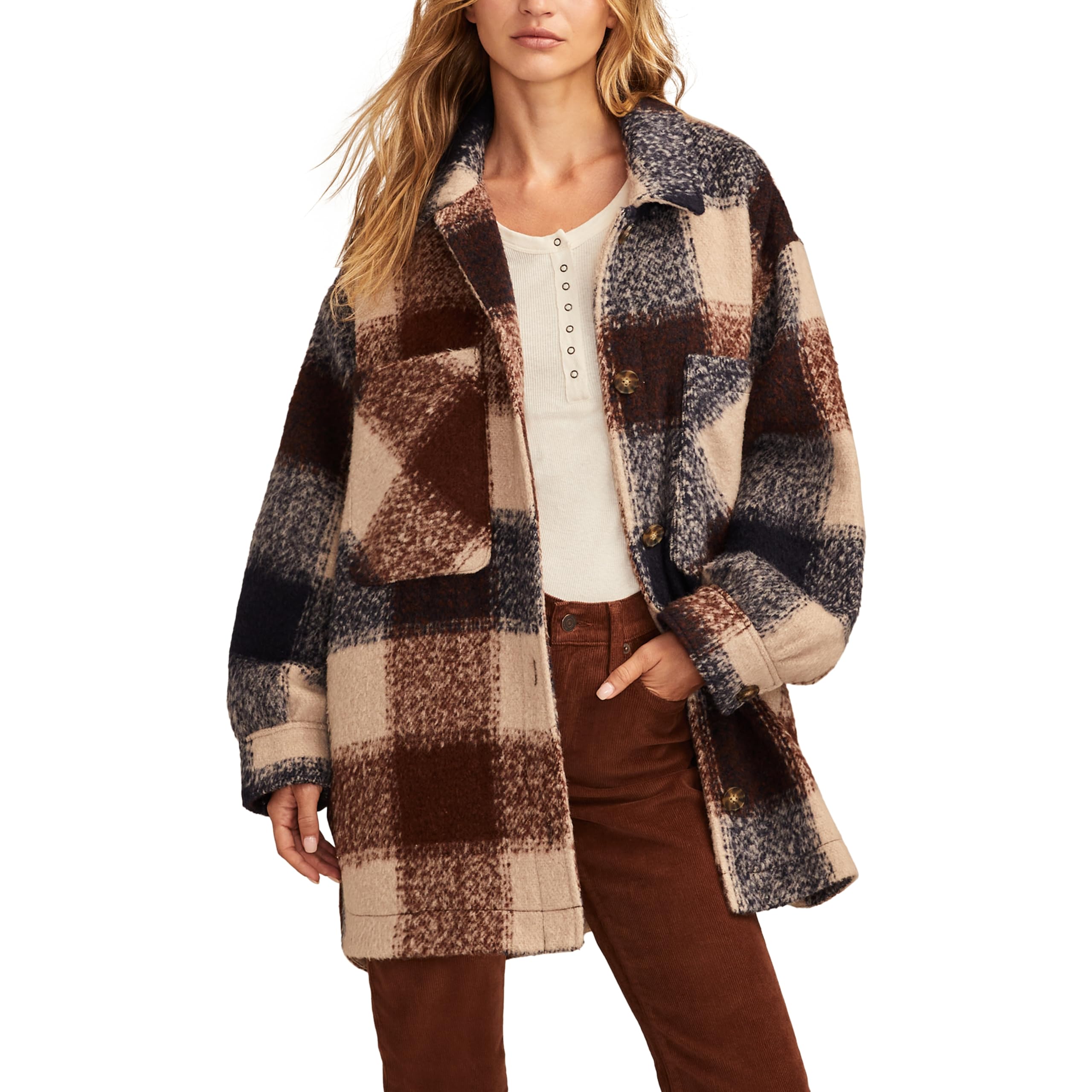 Lucky Brand Women's Oversized Shirt Jacket, Navy and Brown Plaid for ...