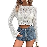 SOLY HUX Women's Hollow Out Crochet Crop Top Long Bell Sleeve Knit Sweater Pullover Without Bra