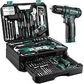 Tool Set: Tool Kit with 12V Cordless Drill, Hand Toolbox with Storage case, Mechanic Tool Set for Home Repairs, Green