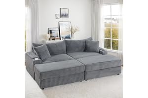 Tassullo Oversized Double Chaise Lounges Indoor, Corduroy Upholstered Sofa Beds with Storage and Ottomans, Plush Cozy Living Room Chair with Pocket Spring Cushion (Grey)