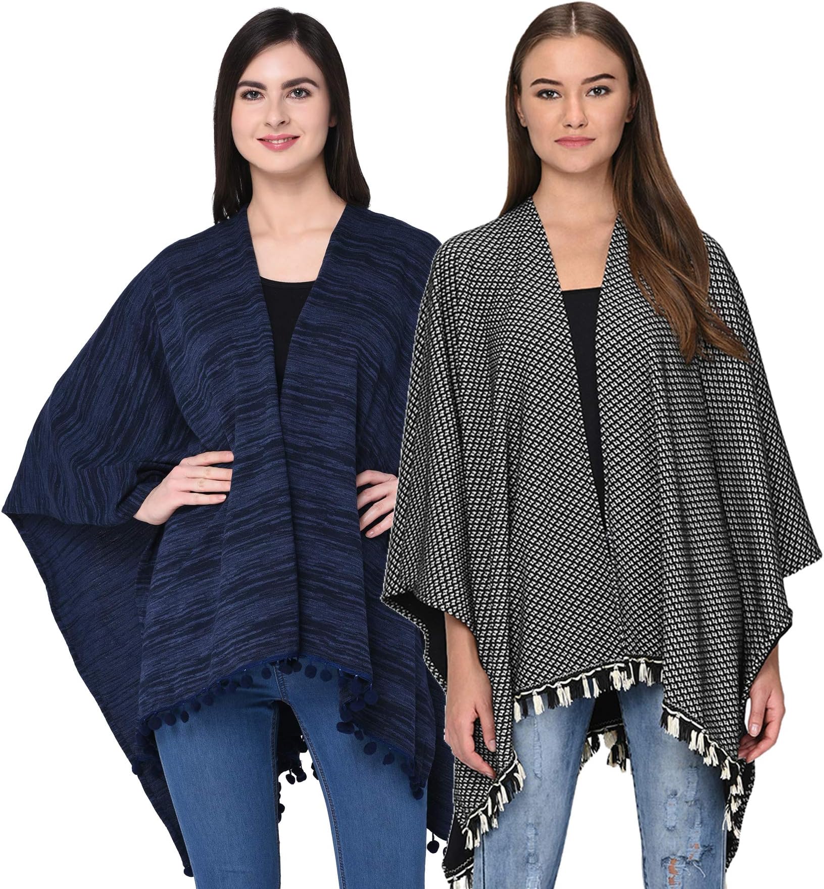 Women's Open Front V Cut Reversible Tassel Knitted Large Poncho Capes wrap Shawl Cardigans (Pack of 2)