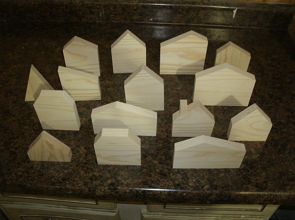 15 piece unfinished wooden house shapes, wooden house
