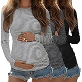 Riyiper 3 Pack Women's Maternity Shirts Long Sleeve Ribbed Knit Pregnancy Tees Crewneck Tunic Clothes Casual Fall Tops(Light Gray, Dark Gray, Black,X-Large)