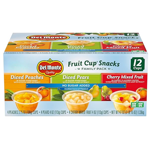 DEL MONTE FRUIT CUP SNACKS VARIETY PACK WITH NO ADDED SUGAR, 4 OZ CUPS (12 PACK) DICED PEACHES, DICED PEARS, CHERRY MIXED FRUIT