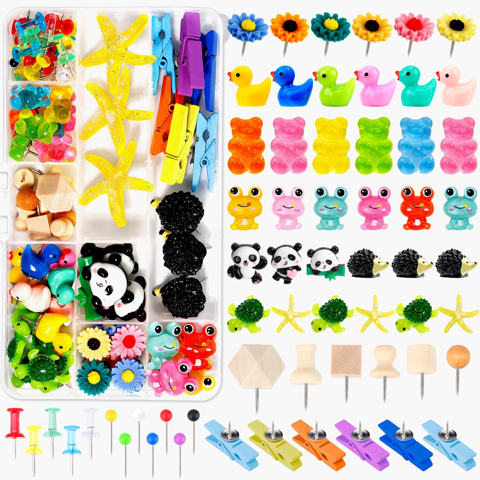 Photo 1 of 108Pcs Push Pins for Bulletin Board Decorations Thumb Tacks Flower Animal Wood Clips Decorative Push Pins for Cork Board Wall Office Desk Accessories