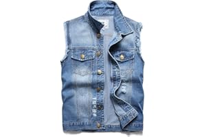 JUDIGODR Denim Vest Men Lapel Sleeveless Slim Fit Retro Ripped Casual Jean Vest for Men's
