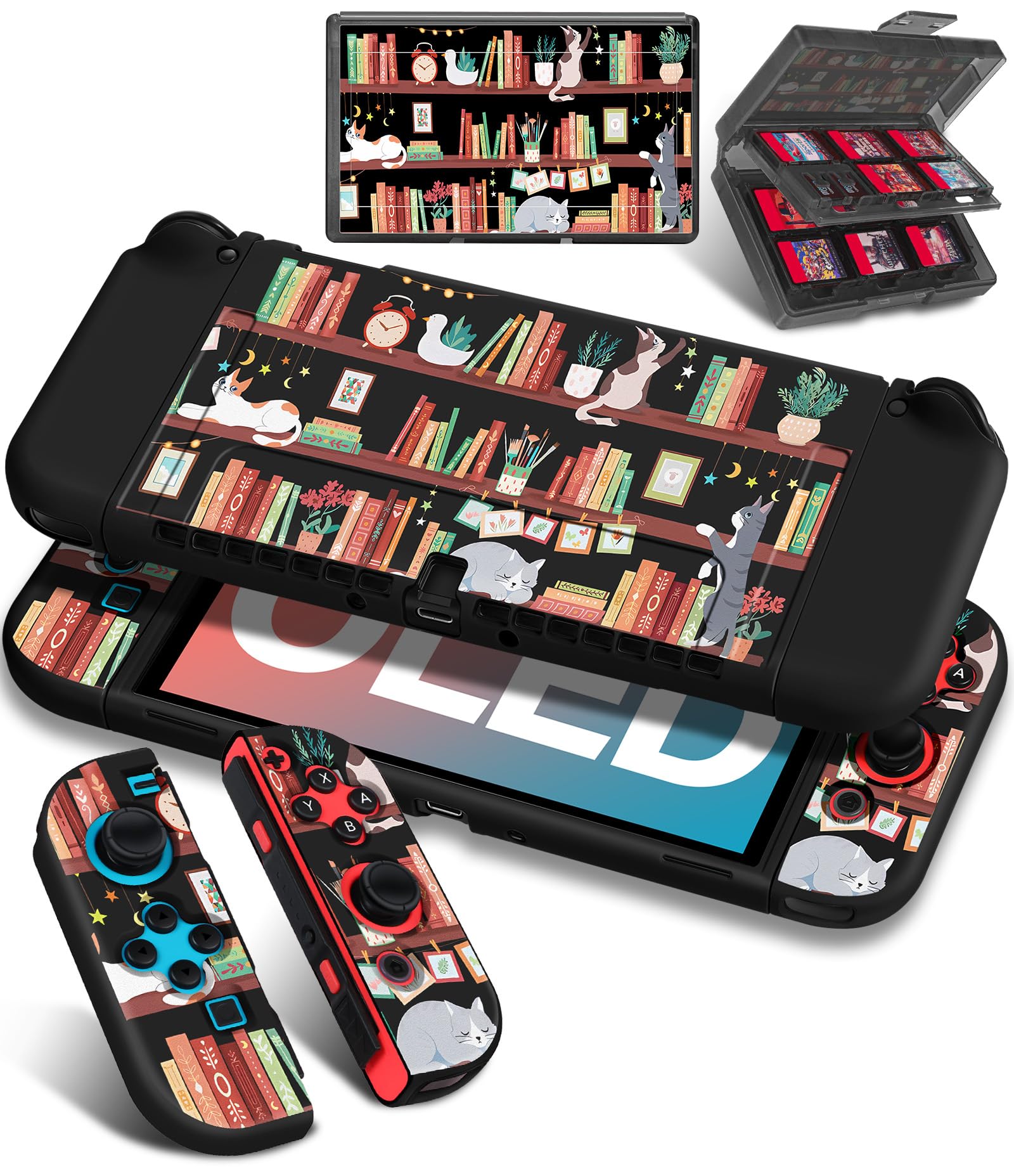 Photo 1 of Gurgitat 4in1 Protective Case for Nintendo Switch OLED - Cute Cats Funny Switch Skin Protector+TPU Grip Cover+24 Game Card Cartridge Storage Holder for Switch Oled Case for Boys Men Girly