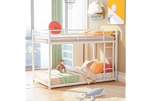 BELLEMAVE Twin Over Twin Bunk Bed, Low Bunk Bed with Ladder, Metal Bunk Bed with Guardrails, Heavy Duty Metal Bunk Bed Frame for Kids, Boys, Girls, Teens, Noisy Free, No Box Spring Needed, White