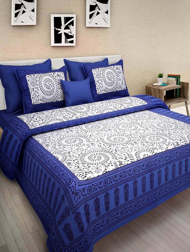 Double Bed Cotton Bedsheet with 2 Pillow Cover (Blue) Amazon.in Home