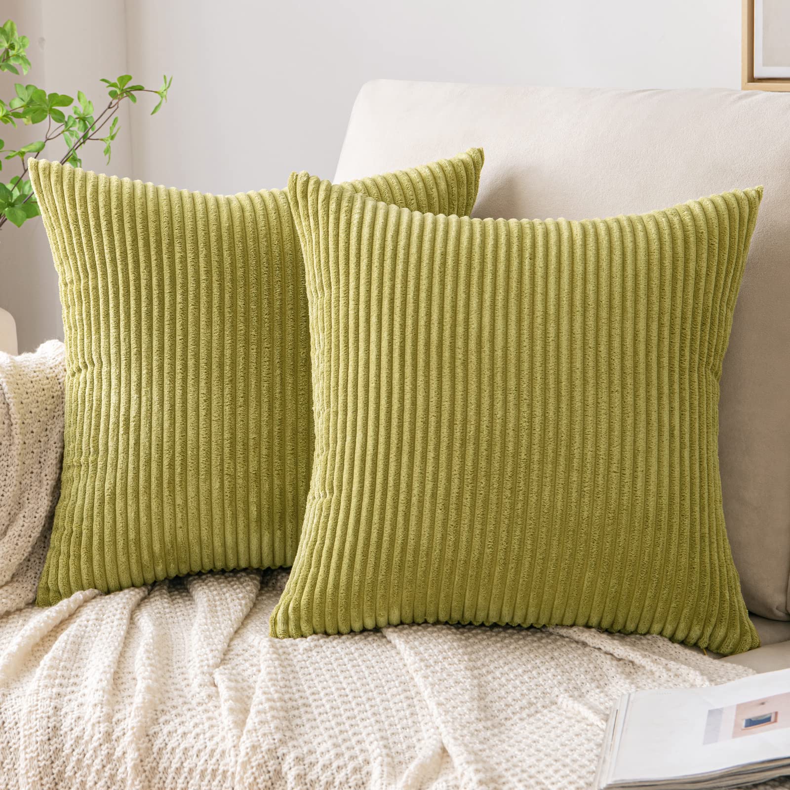 EMEMA Cushion Covers Corduroy Square Throw Pillow Covers Striped Soft Sham Home for Sofa Couch Bedroom Decorative Pillowcases 18x18 Inch 45x45cm Set of 2 Grass-green