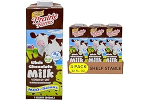 PRAIRIE FARMS DAIRY Prairie Farms - Chocolate Milk, Whole Milk, Shelf Stable, Boxed UHT Ultra Pasteurized Milk, Vitamin D White Milk - Preservative and Hormone Free, Gluten Free, Kosher, Made in USA - 1 Quart (4 Pack)