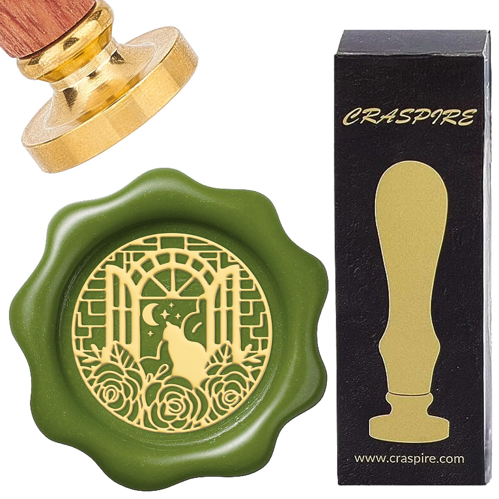 CRASPIRE Cat Wax Seal Stamp Rose Moon Sealing Wax Stamps 25mm Vintage Removable Brass Head with Wooden Handle for Wedding Christmas New Year Envelopes Invitations Gift Packing