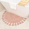 Unique Boho Rug - Half Circle Mat with Crochet Insert Detail & Tassels - 100% Cotton Boho Bathroom Rugs - Decorative Non-Slip Bohemian Rug for Bath & Bedroom - Cute Boho Décor - Dusty Pink 42x22