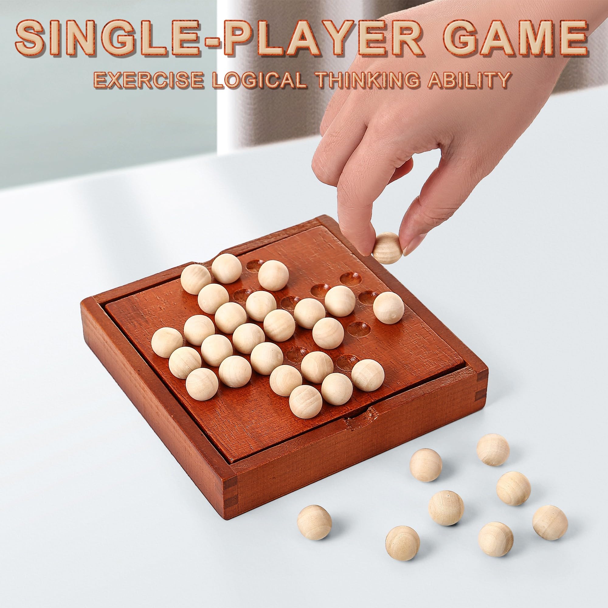 AIUAZA Hölzerne Mini-Reisespiele, Klassische hölzerne Brettspiele, Einzelspieler-Spiele, Kinder-Puzzle-Spielzeug, Indoor-Party Versammlung Tischplatte Puzzle-Spiel (Jump All but one) 7