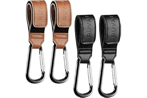 RUVALINO® Leather Stroller Hooks for Diaper Bag and Stroller Organizer - Stroller Strap with Large Carabiner Clip for Bags - Accessories for Wheelchair, Shopping and Pet Cart, Black and Brown, 4 Pack
