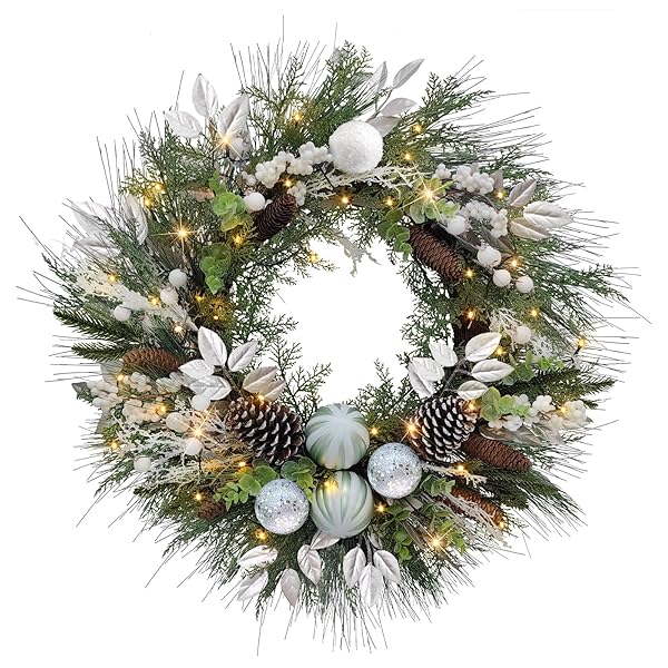 CHRISTMAS LIGHTED WREATH FOR FRONT DOOR, 28 INCHES PRE-LIT 35 LED LIGHTS SILVERY ARTIFICIAL HOLIDAY WREATH WITH SILVER ORNAMENTS FOR INDOOR OUTDOOR HOME DECORATIONS