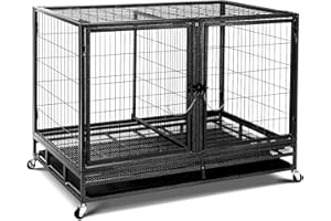 Oranland 48 inch Wire Dog Crate, Large Dog Cage with Swivel Lockable Wheels, High Anxiety Open Top, Three Doors, Extra Large Crate Indoor with Removable Tray