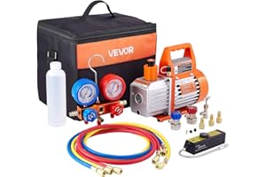VEVOR 4 CFM AC Vacuum Pump and Gauge Set, 1/3 HP, Single Stage Rotary Vane HVAC Air Vacuum Pump, A/C Refrigerant Manifold Gauge Kit, with Leak Detector, Carry Bag, for R134a R22 R410a Refrigerants