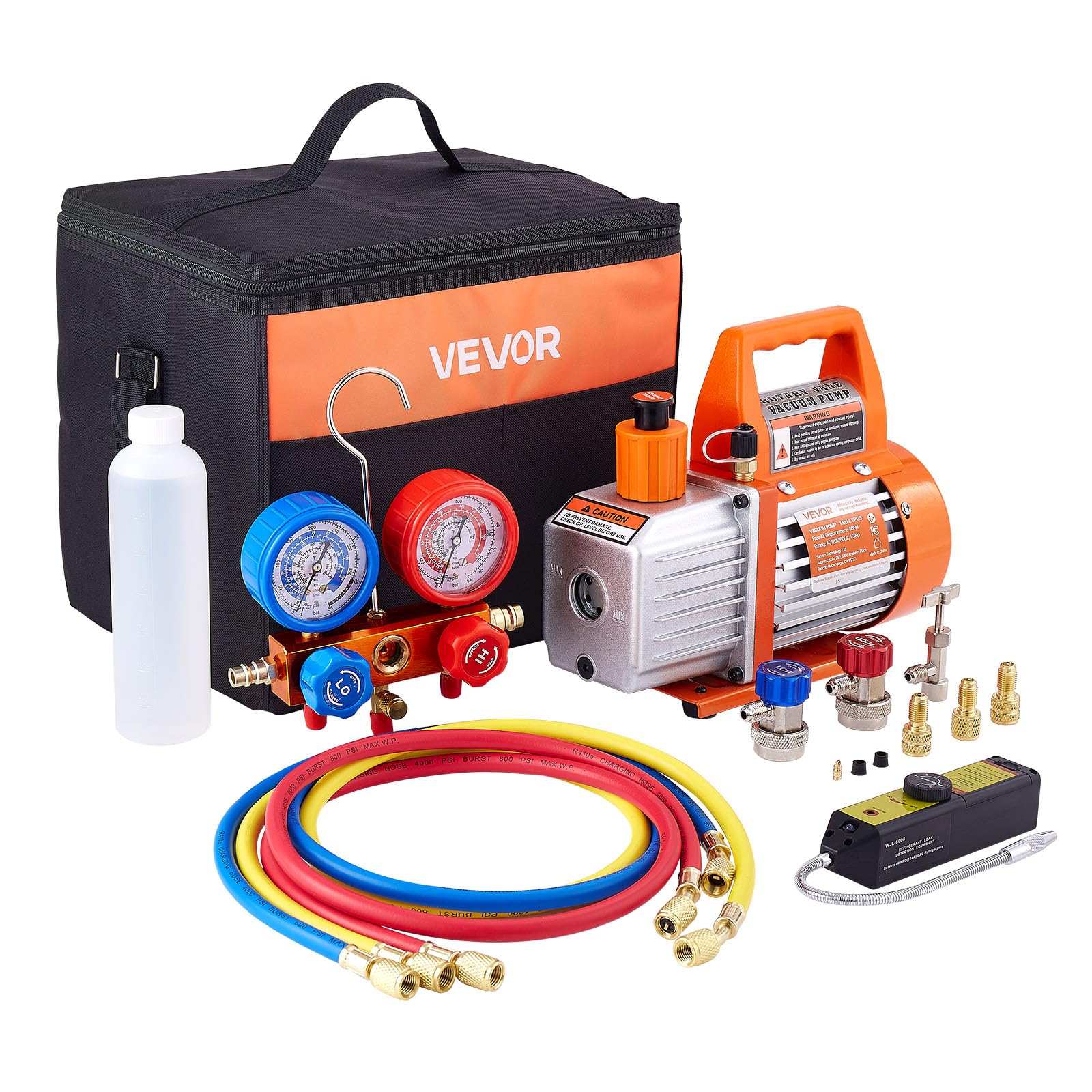 VEVOR 4 CFM AC Vacuum Pump and Gauge Set, 1/3 HP, Single Stage Rotary Vane HVAC Air Vacuum Pump, A/C Refrigerant Manifold Gauge Kit, with Leak Detector, Carry Bag, for R134a R22 R410a Refrigerants Image